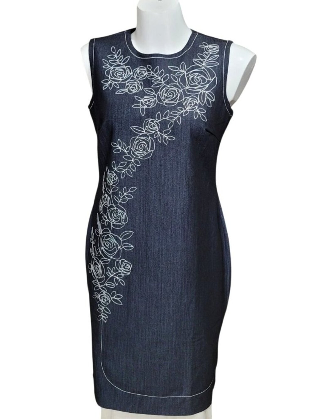 Sleeveless Navy Blue Denim Sheath Dress With White Floral Embroidery Back Zip Cl